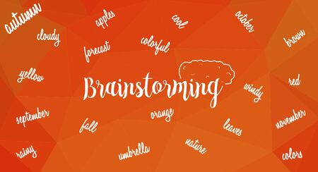 Word brainstorming with brain and many words associated with autumn on triangular orange low poly backdrop.のイラスト素材