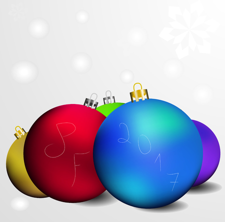 This is vector greeting card with inscription pf 2017 and a few colored christmas globes.のイラスト素材