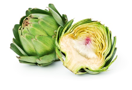 Two Fresh Artichokes isolated on white backgroundの写真素材
