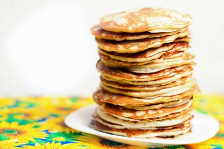 High stack of pancakes . Breakfast for the whole family . With copy space. Shallow DOFの写真素材