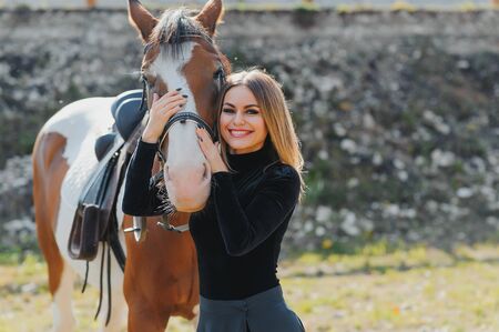 Young woman physiotherapist taking care a brown horse. Woman making a treatment in the shoulder, crest, forehead, muzzle and chin groove.の写真素材