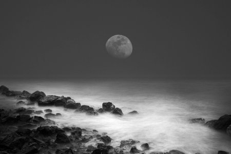 sea waves rock and the moon in the nightの写真素材