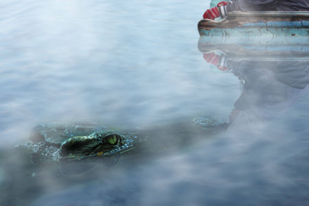 crocodile waiting for something in the river near boatの写真素材