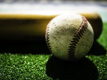 A baseball ball and Bat on Green Grassの写真素材