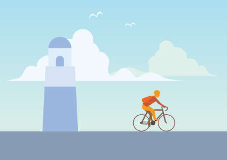 Man ride bicycle with lighthouse in background flat style vectorのイラスト素材