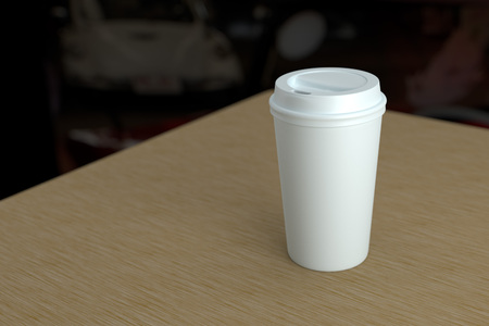 Paper coffee cup with lid mock-up on wood table depth of field photo style 3d renderingの写真素材