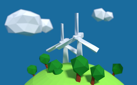 Two white wind turbine generator on the earth with good ecology low-poly 3d renderedの写真素材