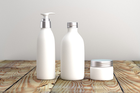 Cosmetic  packaging template white and silver screw cap set 3d on wood table organic feeling 3d renderedの写真素材
