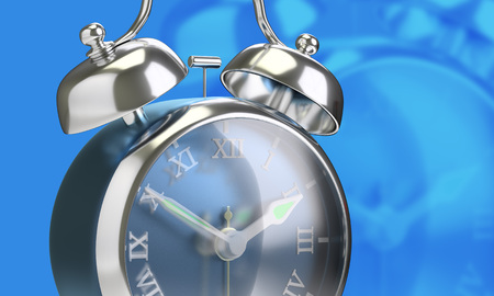 Closeup vintage alarm clock roman number blue background 3d render