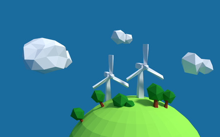 Two white wind turbine generator on the earth with good ecology low-poly 3d renderedの写真素材