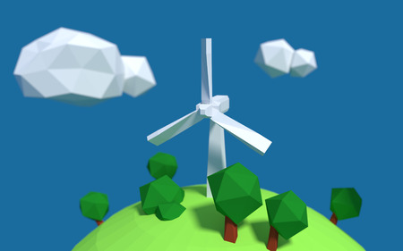 White wind turbine generator on the earth with good ecology low-poly 3d renderedの写真素材