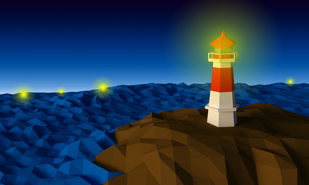 Lighthouse on cliff by the sea in the night low-poly 3d renderedの写真素材
