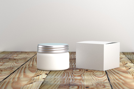 Cosmetic  packaging template white and silver screw cap with box on wood table organic feeling 3d renderedの写真素材