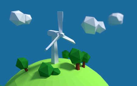 White wind turbine generator on the earth with good ecology low-poly 3d renderedの写真素材