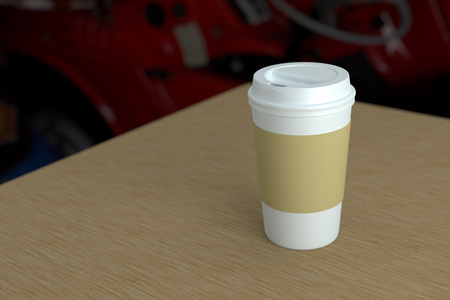 Paper coffee cup with lid and heat protect mock-up on wood table depth of field photo style 3d renderingの写真素材