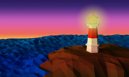 Lighthouse on cliff by the sea in twilight time low-poly 3d renderedの写真素材