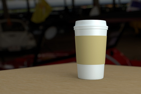 Paper coffee cup with lid and heat protect mock-up on wood table depth of field photo style 3d renderingの写真素材