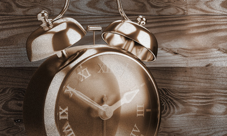 Closeup vintage alarm clock roman number sepia color 3d renderの写真素材