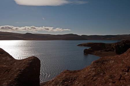 The Southwest Islands, south of Reykjavik, near lake Kleivarvatn towards  Blue Lagoon  in the backlightの写真素材