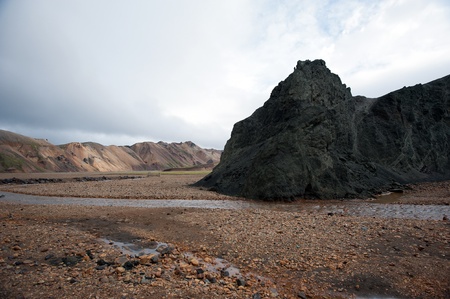 The southwest of Iceland, glacial river before volcanic scenery in Landmannalaugarの写真素材