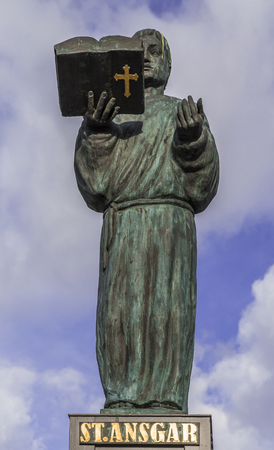 Hamburg, harbor city, in the warehouse district, Brooks Bridge, sculpture of Bishop Ansgar on the south sideの写真素材