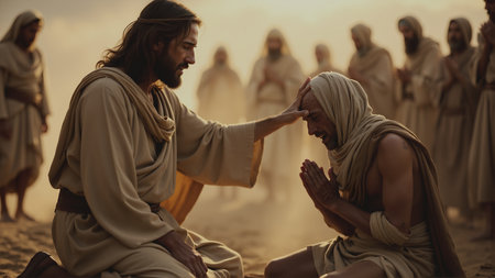 Jesus healing a kneeling leper man with compassion, laying hands in a biblical sceneâ€”sign of...