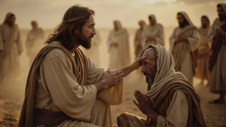 Jesus healing a man with leprosy, a biblical miracle of compassion, mercy and faith, surrounded by disciples, symbol of love, salvation, hope and divine power.の写真素材