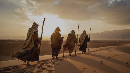 Four early Christian desert fathers monks walking barefoot across the sand at sunset, representing...