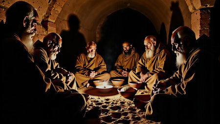 Silent meal of early Christian Desert Fathers, gathered in a dim cave sharing bread and water under candlelight, embodying ascetic devotion, fasting, and contemplationの写真素材