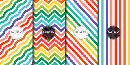Abstract geometric pattern with the rainbow curve combination set. chevron, zigzag, striped, wrapping paper, fabric, wallpaper. Brochure cover template colorful collection. Rainbow background vector.のイラスト素材