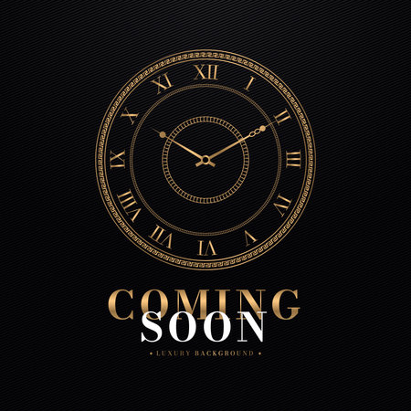 Coming soon with luxury golden watch roman numeral on black background. Happy New Year wallpaper. Countdown celebration.のイラスト素材