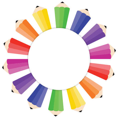 Pencil rainbow pattern. Round frame with colored pencils. Colorful school background. Template border vector.のイラスト素材