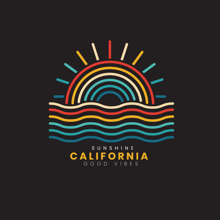 Retro vintage California sunset beach logo badges on black background graphics for t-shirts and other print production. 70s-style concept. Line art. Vector illustration for design.のイラスト素材