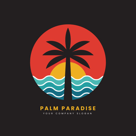 Palm Paradise logo badge on white background graphics for t-shirts and other print production. Sunset and 70s-style concept. Vector illustration for design.のイラスト素材