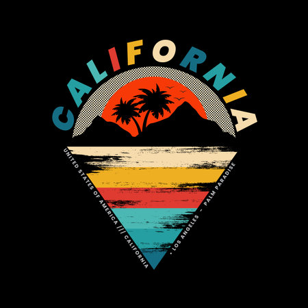 Retro vintage California sunrise and sunset logo badge on black background graphics for t-shirts and other print production. Vector illustration for design. 70s-style concept.のイラスト素材