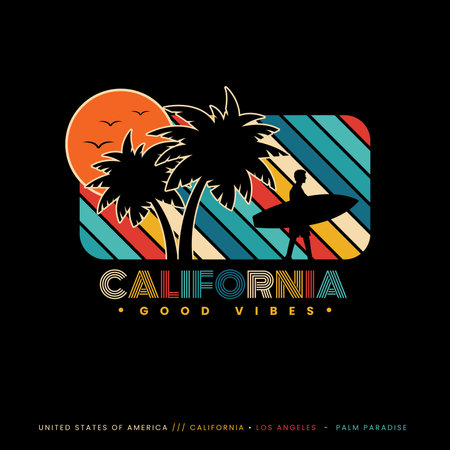 Good vibes only California summer logo badges, Sun waves, and surfboards. on black background graphics for t-shirts and other print production. Vector illustration for design. 70s-style concept.のイラスト素材