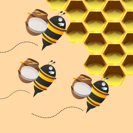 three bee carrying honey jar back to the honeycombのイラスト素材