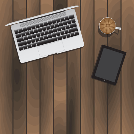 Laptop Tablet Cup Of Coffee On Wooden Table. Vector Illustrationのイラスト素材