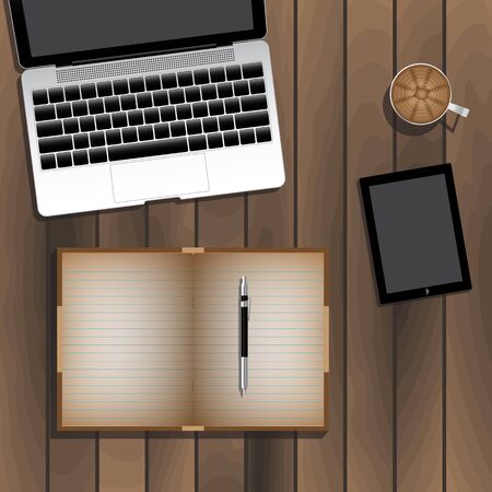 Laptop Tablet Book Cup Of Coffee On Wooden Table. Vector Illustrationのイラスト素材