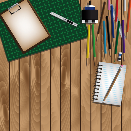 Office Equipment And Empty Space For Arrange On Wooden Table. Vector Illustrationのイラスト素材