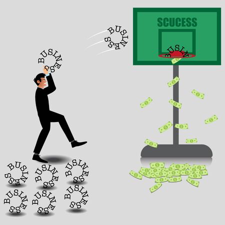 Concept Of Businessman Shoot A Business Ball, Go To The Hoop Of Success. Vector Illustrationのイラスト素材