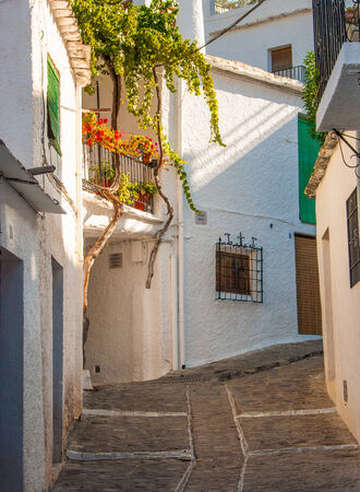 A street in Pampaneira a white village in the Alpujarras, Andalusia, Spain, with bougainvillea growing on a balcony.の写真素材