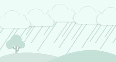 Green scenery background with grasses and mountain with cloud and rain in pastelのイラスト素材