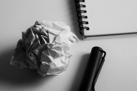 sketch drawing set. Crumpled paper, pencil, fountain pen, notebook. with monotone theme.の写真素材