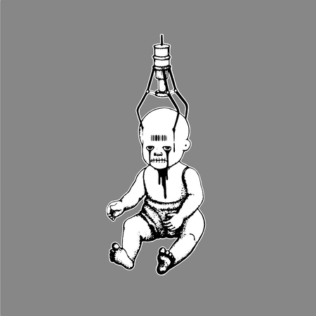 A mechanical arm selecting baby ghost doll. in claw game machine. tattoo design. illustration hand drawing. symbol for peace, pain, hope, alone, and lonely. illustration vector.のイラスト素材