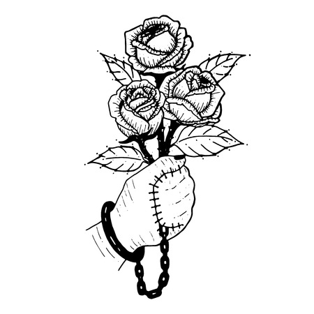 Hand with chain, holding rose in sketched illustration.のイラスト素材