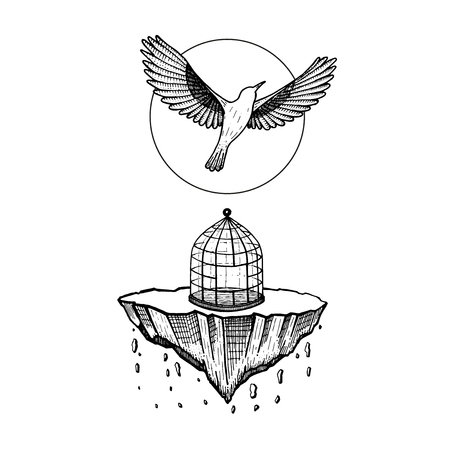 Bird flying from cage, home collapses in hand drawn illustration.のイラスト素材