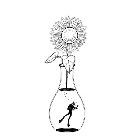 Scuba diving silhouette in jar of sunflower on white background.のイラスト素材