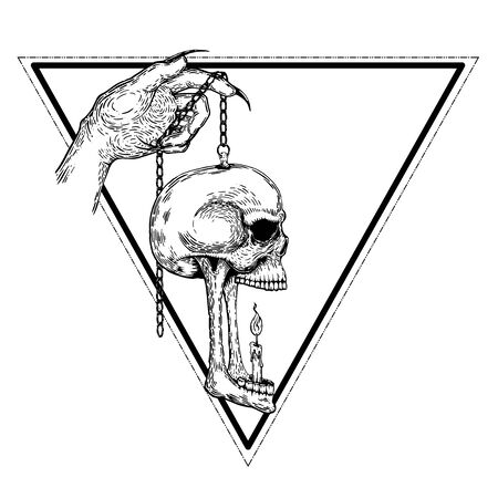 Skull with hand hanging a lamplight. Vector illustration of a skull with candle lamplight. Skeleton hanging with chain. tattoo design. line art hand draw. for poster sticker and card.のイラスト素材