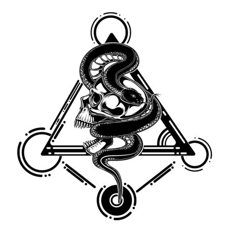 skull and snake vector illustration. tattoo design. inking black work. hand draw. for t-shirt, card, logo, and wallpaper. with triangle geomatric shape.のイラスト素材